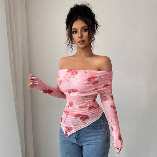 One-shoulder Slim Fit Slimming Ruffled Hem Irregular Versatile Printed Top