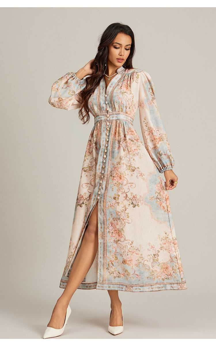 Special Interest Design Style V-neck Vintage Printed Maxi Dress For Women