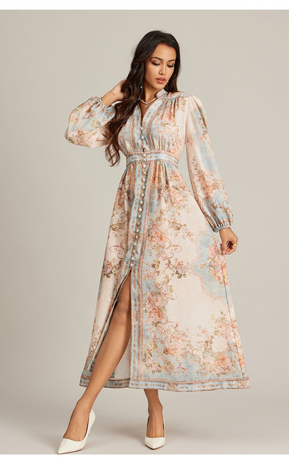 Special Interest Design Style V-neck Vintage Printed Maxi Dress For Women