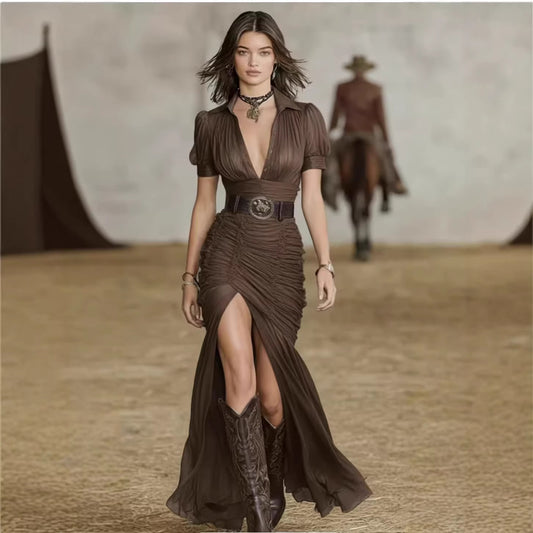 Womens Pleated Collar Button-front Short-sleeve Waist-length Dress Belt Not Included