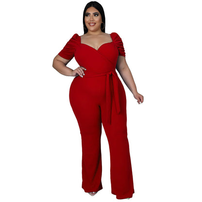 Women's Plus-Size Stand Collar Ruffle Sleeve High-Waist Jumpsuit Wide-Leg Pants