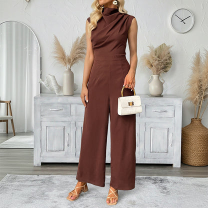 Casual Sleeveless Solid-color Boat-neck Wide-leg Jumpsuit
