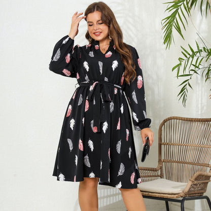Printed Long Sleeve Waist-tight European And American Plus Size Dress