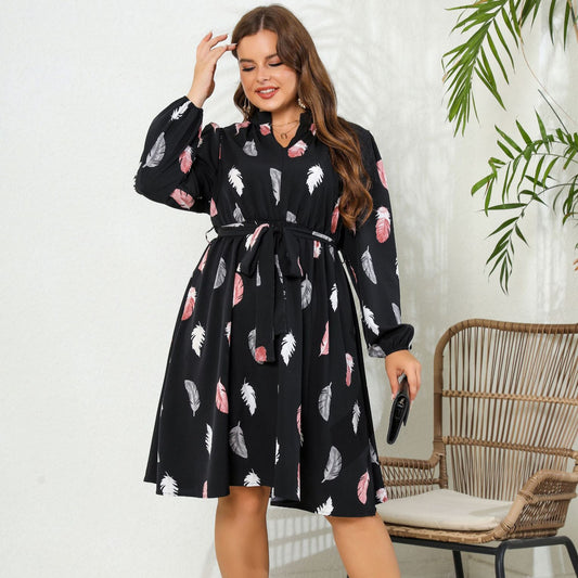 Printed Long Sleeve Waist-tight European And American Plus Size Dress