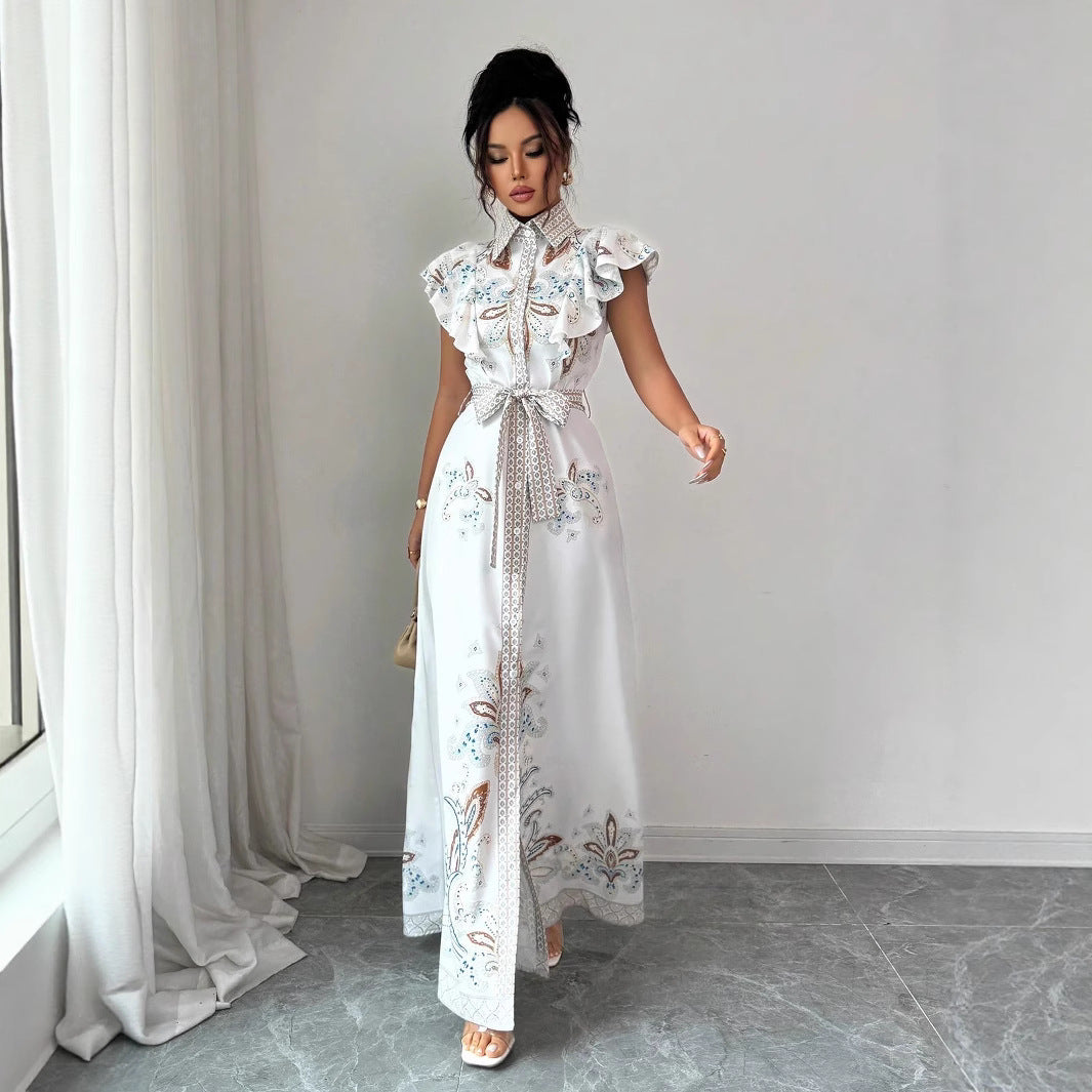 Women's Retro Printed Long-Sleeve Waist-Cinching Single-Breasted Stand-Neckline Dress