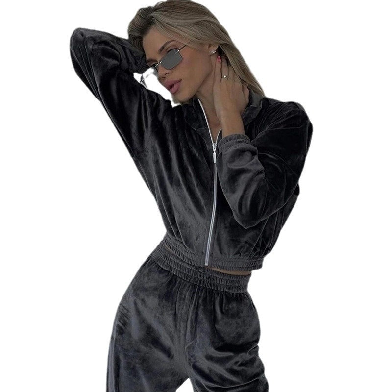 Fashion Women's Long-sleeve Lapel Zip-up Cardigan Hoodie Fleece Sweater Trousers