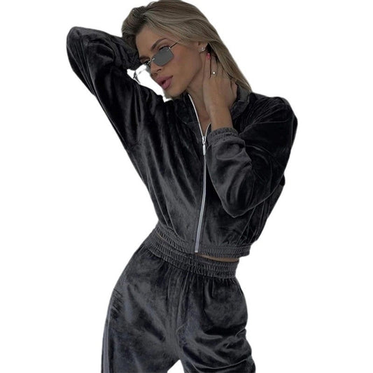 Fashion Women's Long-sleeve Lapel Zip-up Cardigan Hoodie Fleece Sweater Trousers