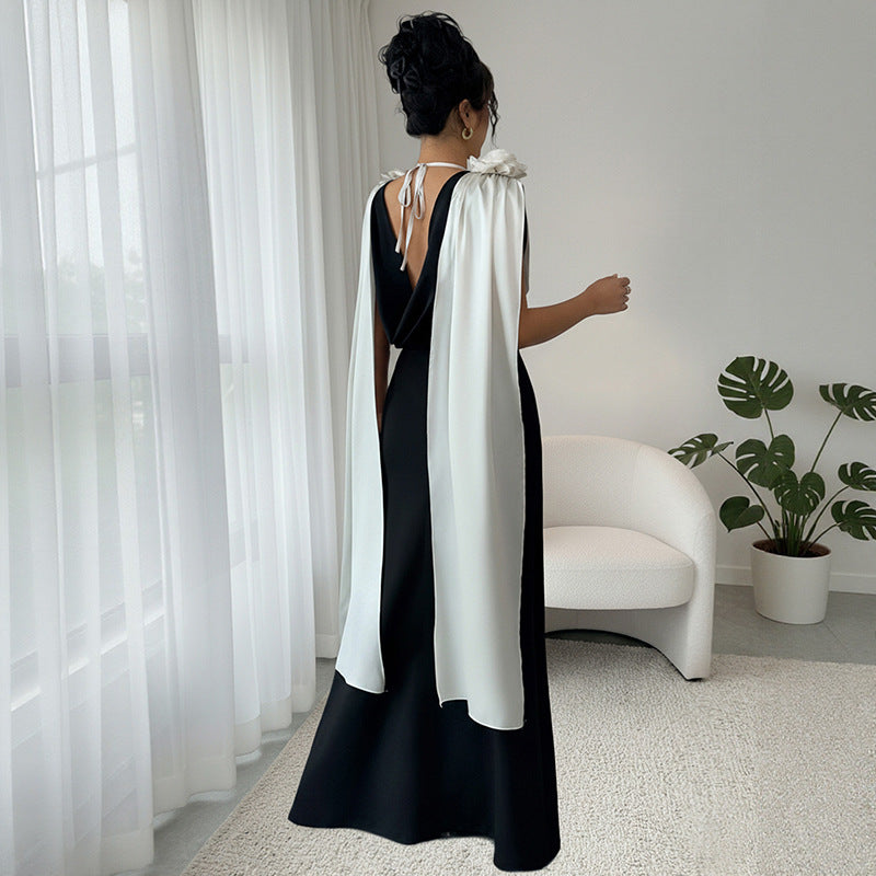 A High-end And Elegant V-neck Sleeveless Dress With Contrasting Colors