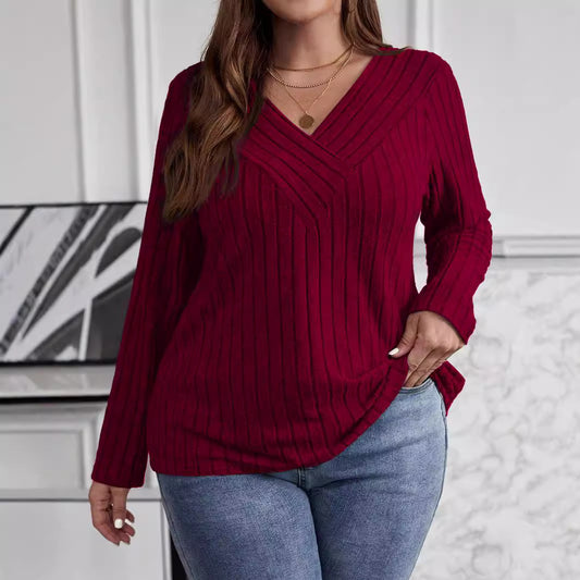 Autumn And Winter Solid Color Plus-size Cross V-neck Long-sleeve Ribbed Brushed Pullover T-shirt Top