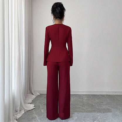 Defined-Waistline Long-Sleeve Top And Wide-Leg Pants Two-Piece Pants Set