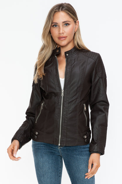 Snobbish Faux Leather Biker Jacket with Side Zip Pockets