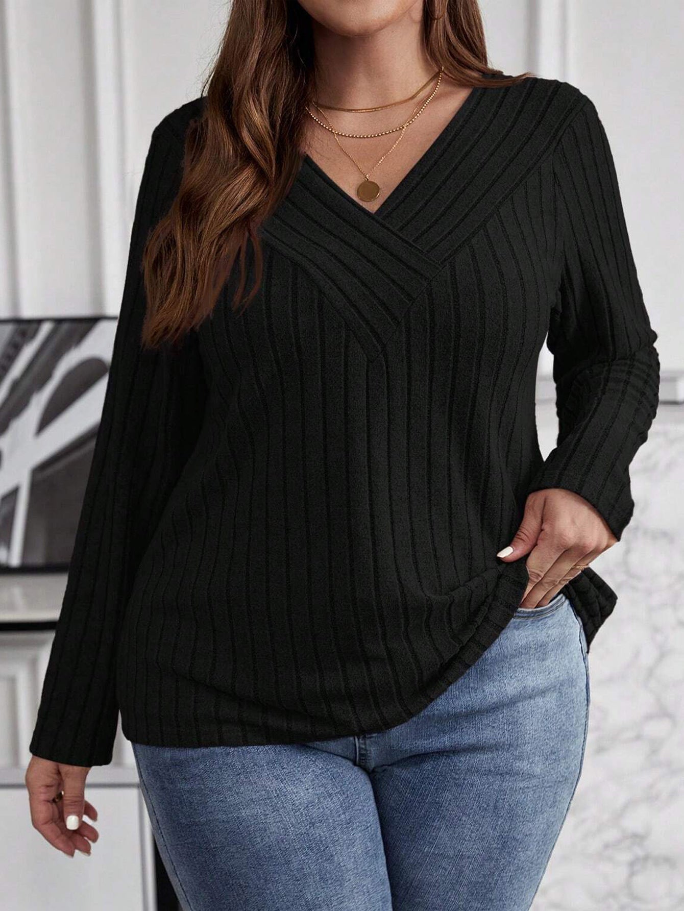 Autumn And Winter Solid Color Plus-size Cross V-neck Long-sleeve Ribbed Brushed Pullover T-shirt Top