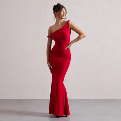 Womens One-Shoulder Slim-Fit Sheath Solid-Color Dress