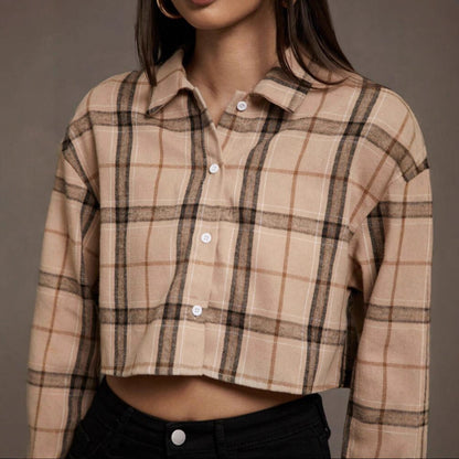 Short Long Sleeve Plaid Cropped Lapel Shirt