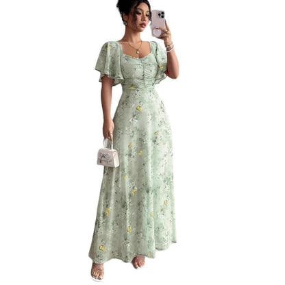 Lotus Sleeve Printed Slim Elegant Dress