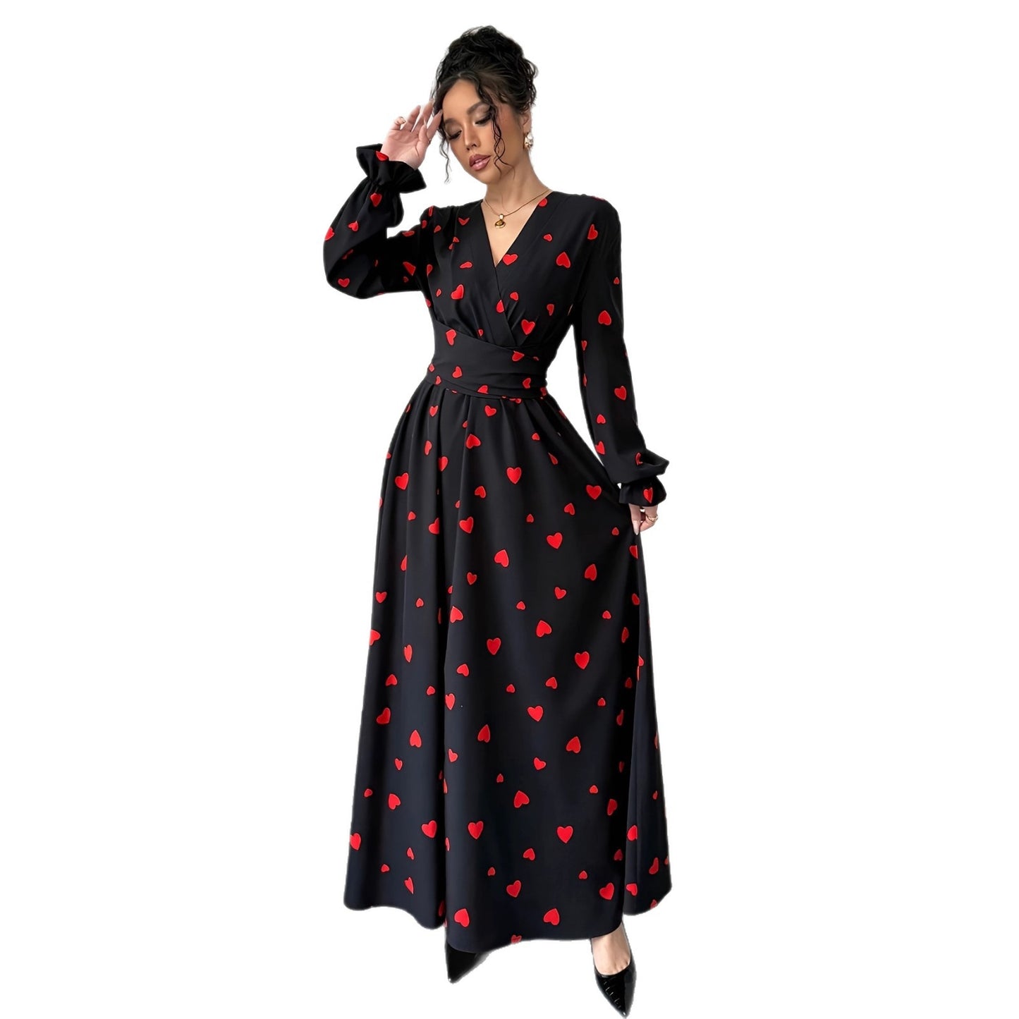 Women's Printed V-Neck Long Sleeve Waist Tie Dress