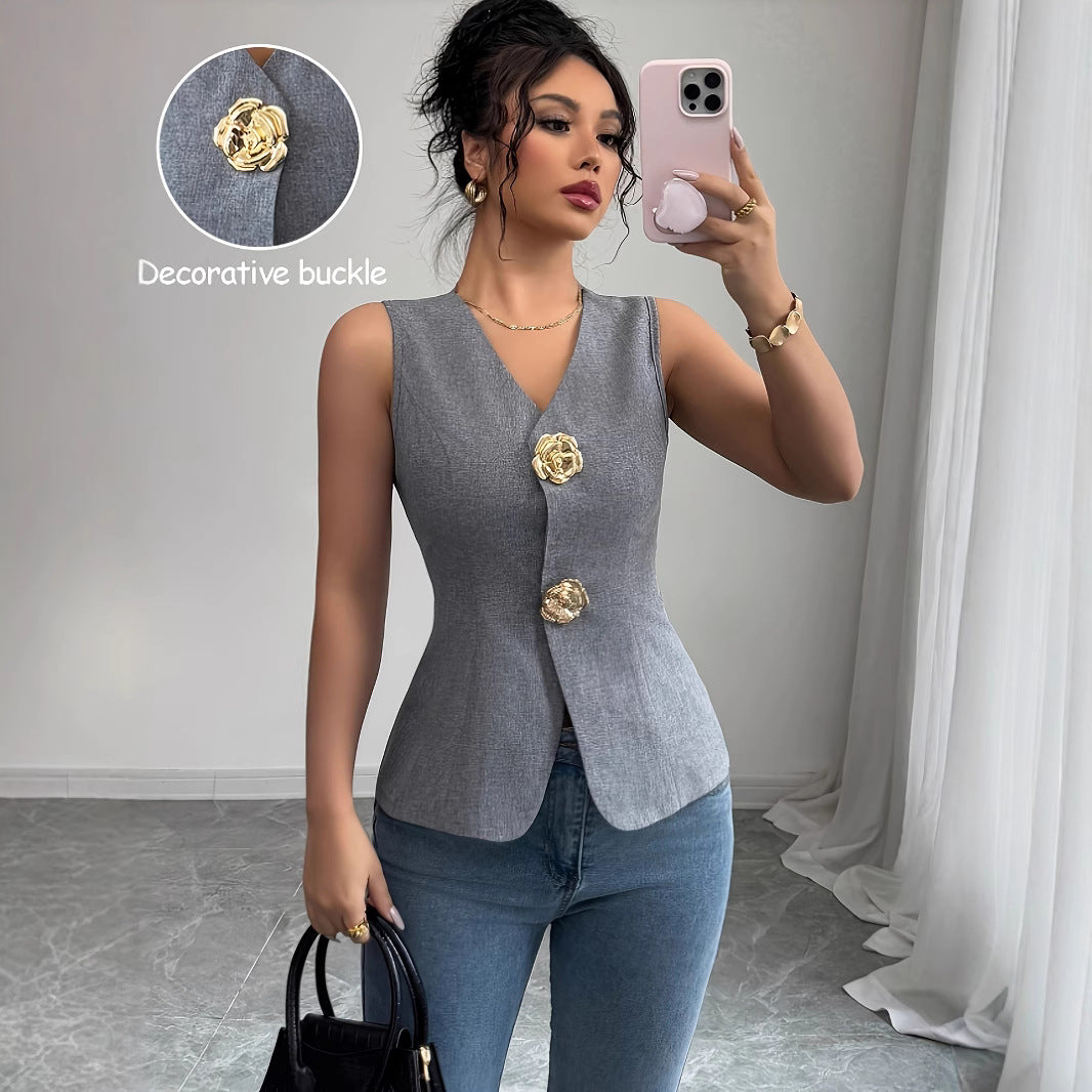 Sleeveless Rose Button Slim Vest Elegant Commute