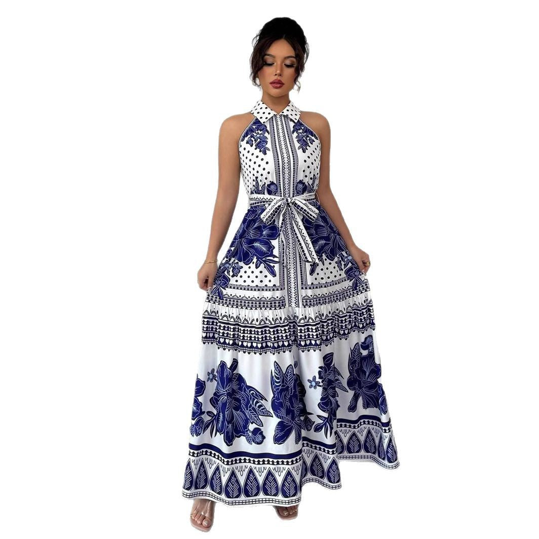 Off-the-shoulder A-line Dress Featuring A Classic Blue-and-white Porcelain Print For An Elegant Look