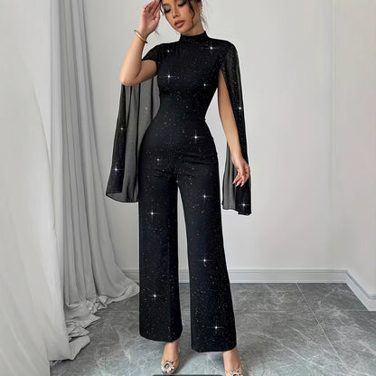 Round Neck Chiffon Lantern Sleeve Patchwork Jumpsuit