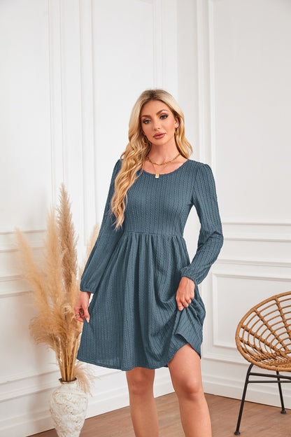Round Neck Pocket Knitted Sweater Long Sleeve A- Line Dress