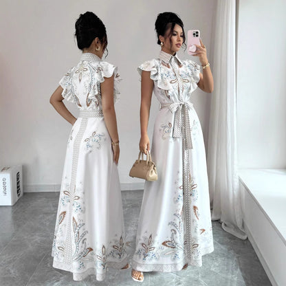 Women's Retro Printed Long-Sleeve Waist-Cinching Single-Breasted Stand-Neckline Dress