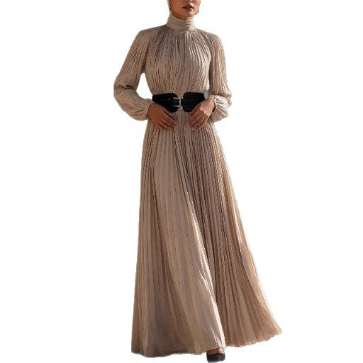 French Elegant Style High Neck High Waist Dress