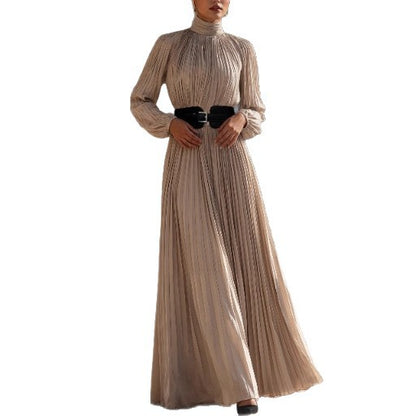 French Elegant Style High Neck High Waist Dress