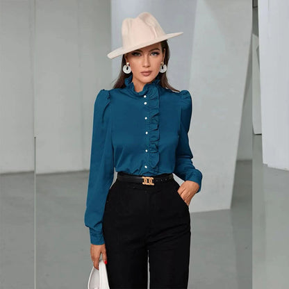 Solid Color Simple Long-sleeved Ruffle Straight Shirt