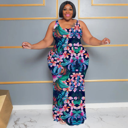 Plus-size Women's Summer Casual Long Sleeveless Digital-print Dress