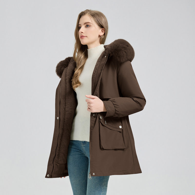 Winter Fur-Lined Hooded Parka Coat Mid-Length Down