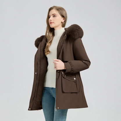Winter Fur-Lined Hooded Parka Coat Mid-Length Down
