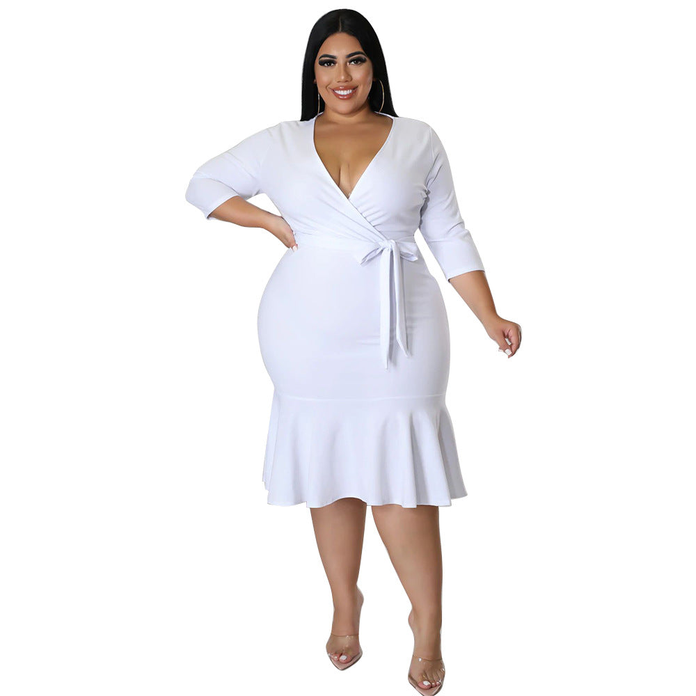 Sexy V-Neck Lace-Up Bodycon Dress With Ruffled Hem Plus-Size Women's Wear