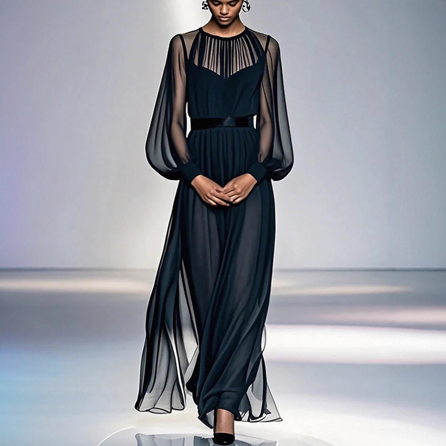 Sophisticated Black Two-piece Mesh Dress With A Cinched Waist