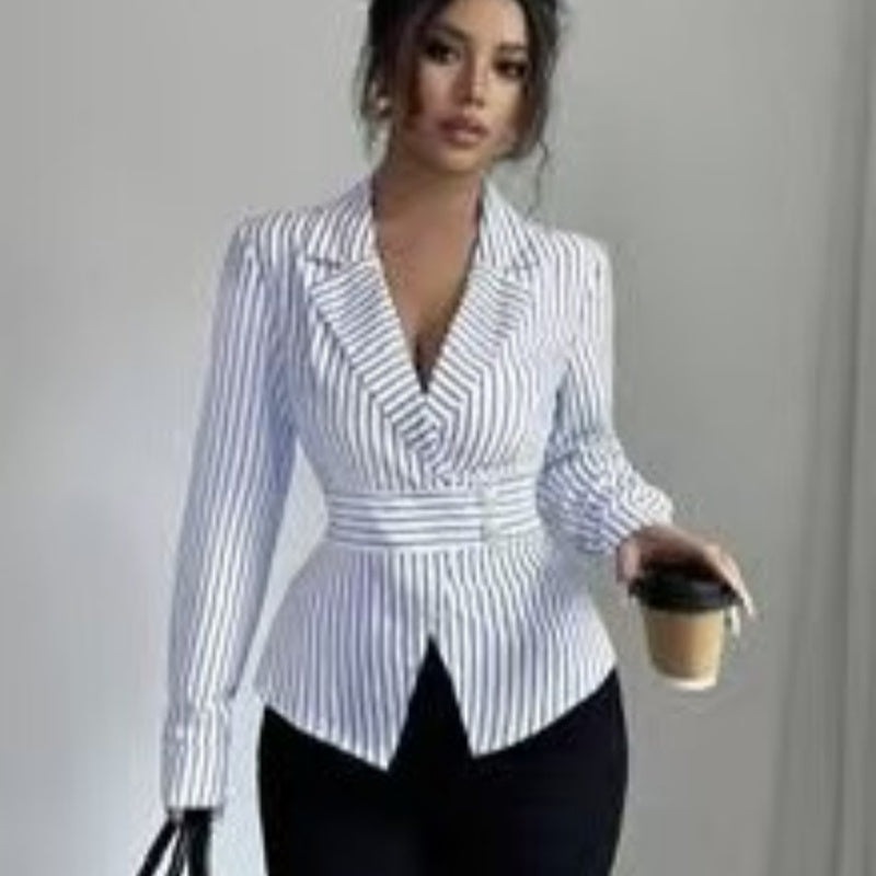 Elegant Women's Striped Long-sleeve Asymmetrical-neck Blouse