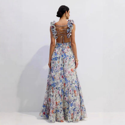 Printed Strapless Off-shoulder One-shoulder Tie-waist Ruffle Dress