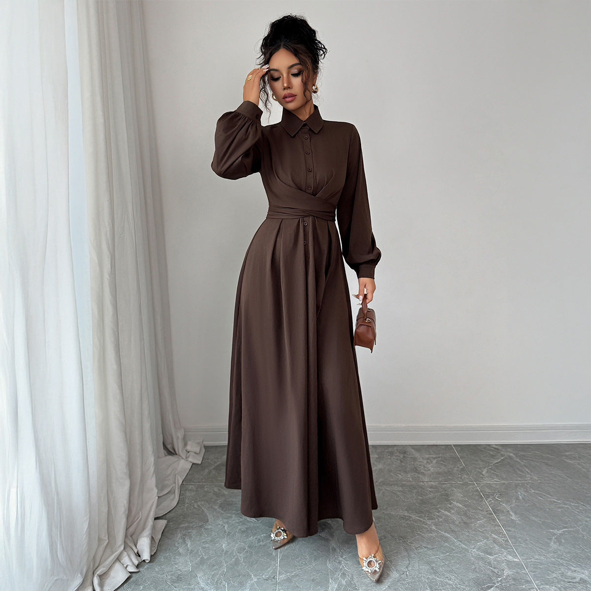 Women's Solid-Color Simple And Stylish Button-Down Long-Sleeve Dress