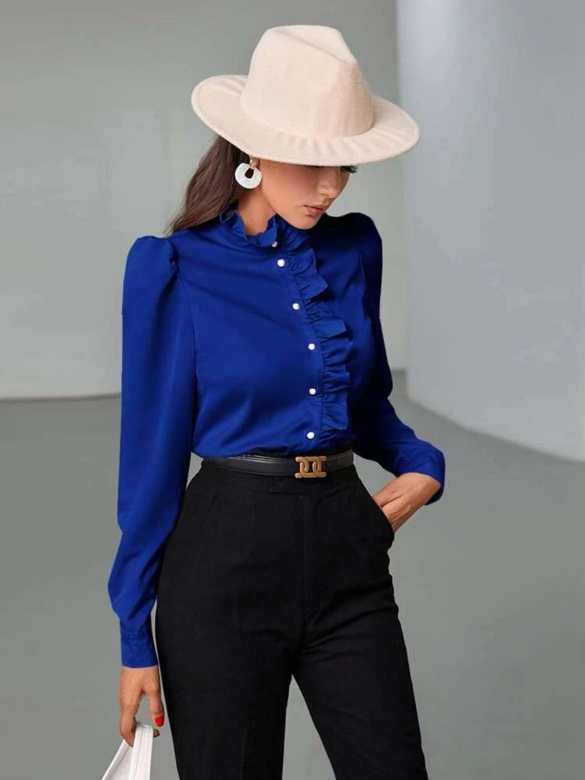 Solid Color Simple Long-sleeved Ruffle Straight Shirt