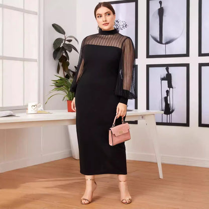 Commuting Mesh Spliced Semi-high Neck See-through Bodycon Long Dress