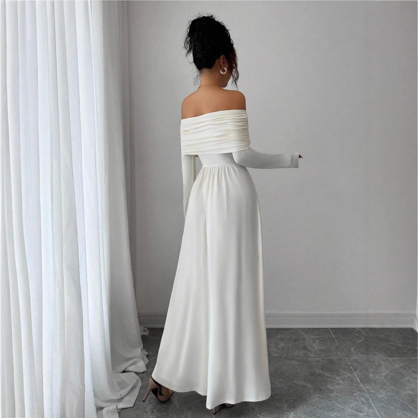 Women's Solid-Color French-Style Off-the-Shoulder Knitted Dress