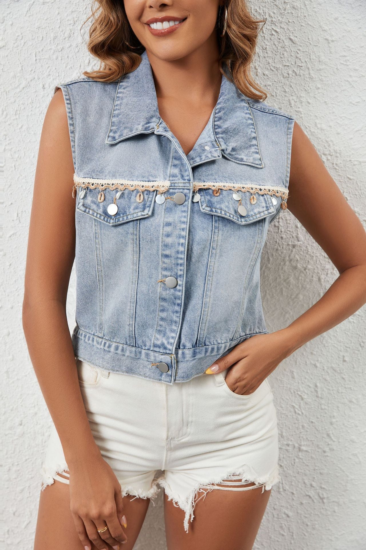 Fashion Casual Tassel Single Breasted Denim Short Vest