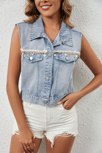 Fashion Casual Tassel Single Breasted Denim Short Vest