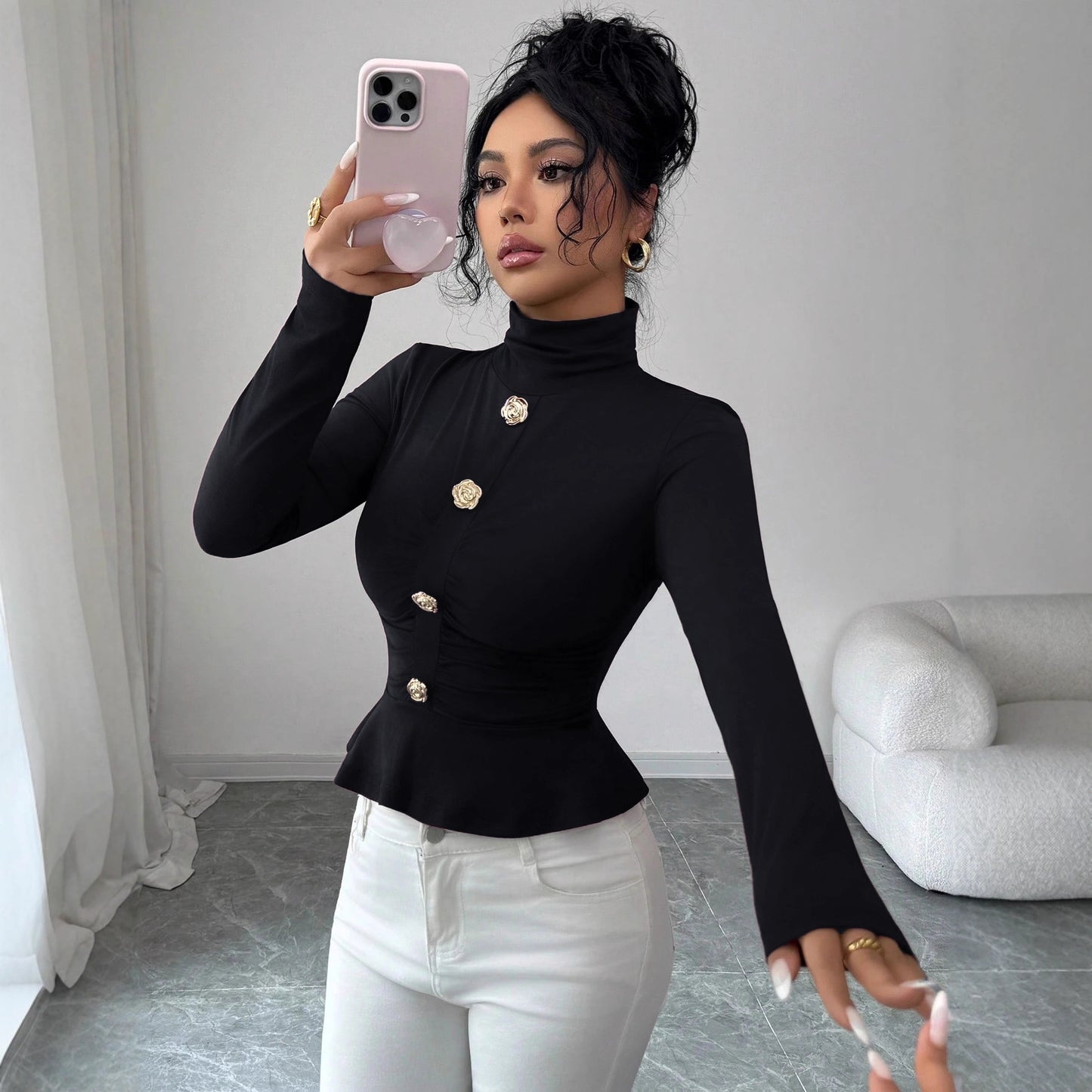 New Autumnwinter High-neck Pleated Top With A Figure-flattering Design