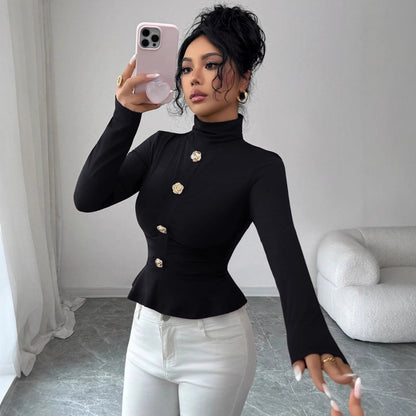 New Autumnwinter High-neck Pleated Top With A Figure-flattering Design