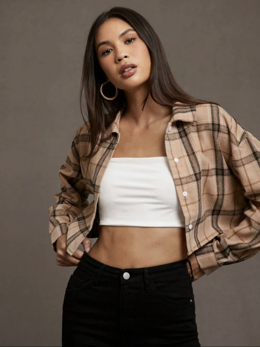 Short Long Sleeve Plaid Cropped Lapel Shirt