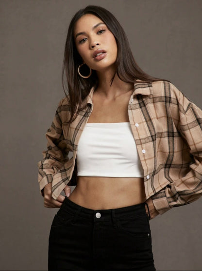 Short Long Sleeve Plaid Cropped Lapel Shirt