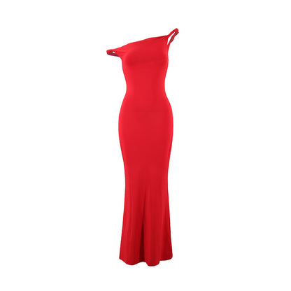 Womens One-Shoulder Slim-Fit Sheath Solid-Color Dress