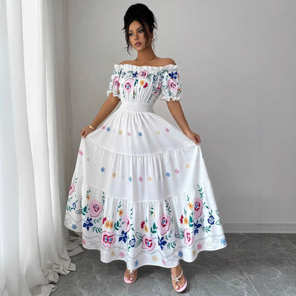 One-shoulder Puff Sleeve Floral Print Waist-tapered Trumpet Skirt