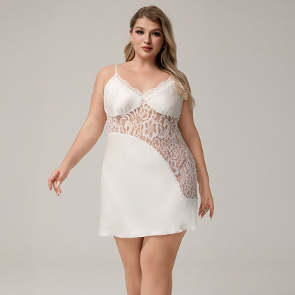 Womens Casual Loose Plus-Size Satin Lace V-Neck Dress