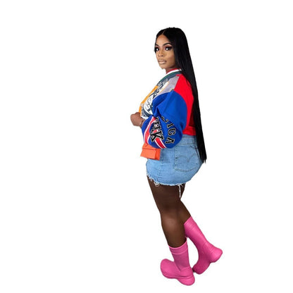 Women's Casual Fashion Stitching Contrast Color Letter Printing Loose V-neck Sweatshirt