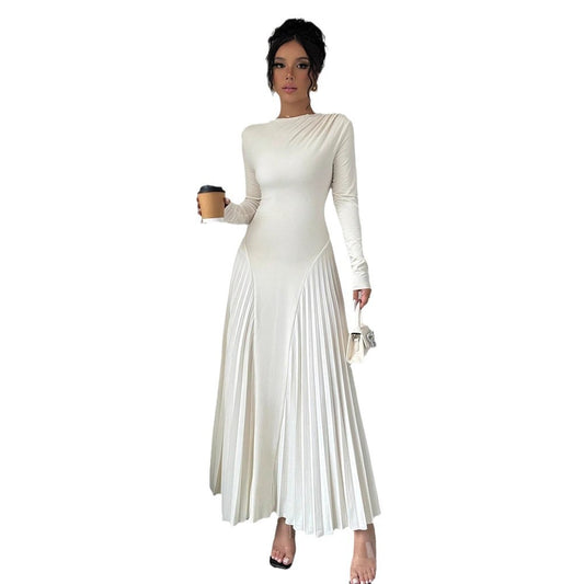 Long Sleeve Knitted Long Skirt Pleated Dress Elegant